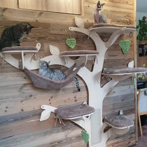 WILLOW cat tree - left | leaves decor. Modern cat wall furniture, perch. Cat tower with scratching post, beds, hammock, branches, toys.