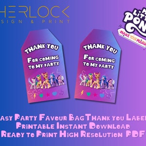 May include: Two pink and purple thank you tags with a My Little Pony theme. The tags feature a group of ponies with rainbow colored manes and tails. The text on the tags reads "Thank You For Coming To My Party".
