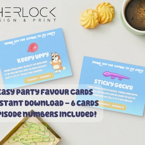 Bluey Party Favors-bundel - 6 kaarten | Blijf Uppy | Verenstokje | Kleverige gekko | Slaaptijd | Oma's | Hindernissenparcours | Directe download