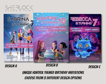May include: Three unique birthday invitation designs featuring the text "Sabrina is turning 7", "Huntrix is turning 10", and "Rebecca is turning 7". Each design includes event details and cartoon illustrations. The invitations are labeled Design A, B, and C.