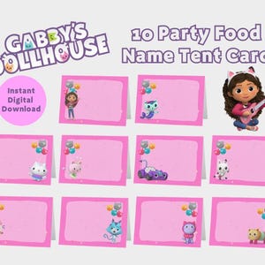 10 Different Gabby Dollhouse Birthday Party Food Tent Cards | Gabby Party Decor | Name Place Cards