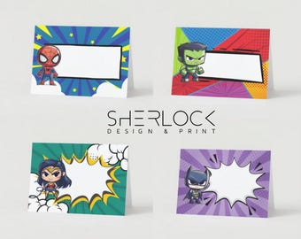 Superhero Food Tent Cards: Comic Party Table Labels (Instant Download)