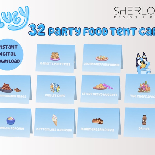 Bluey Party Food Tent Cards Bundle - 32 cards | Bluey themed Party Food Labels | Instant Download