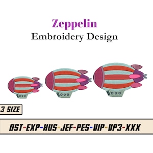 Puede incluir: Tres tamaños diferentes de un diseño de bordado de zepelín a rayas rojas y blancas. El zepelín tiene una nariz rosa y una hélice. El texto "Zeppelin Embroidery Design" y "3 SIZE" también se incluyen en la imagen.