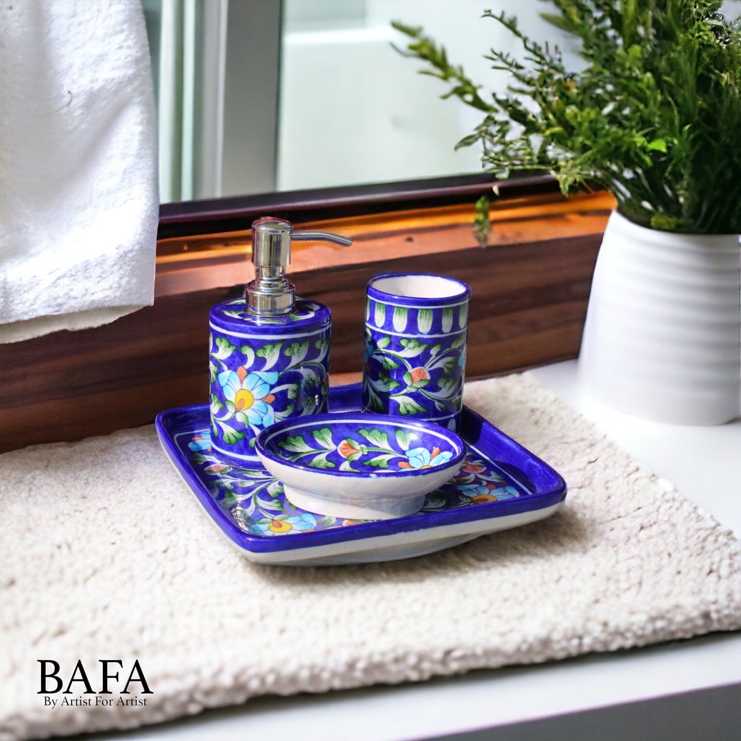 Handcrafted Jaipur Blue Pottery Bathroom Accessories – Ideal for Hotels ...