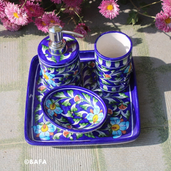 Royal Blue Blooms Jaipur Blue Pottery Bathroom Accessories Set