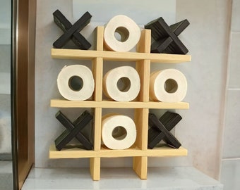 Handmade Wooden Toilet Paper Holder, Tic-Tac-Toe Bathroom Shelf