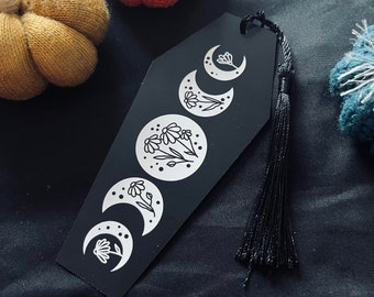 Coffin Shaped Floral Moon Phases Bookmark, Goth, Tassel, Shaped Bookmark, Stars, Monochrome, Black & White, Gothic, Celestial, Moon, Flowers