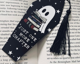 Coffin Shaped Ghost Bookmark, One More Chapter, Goth, Tassel, Shaped Bookmark, Books, Stars, Cute Ghost, Black & White, Gothic, Library