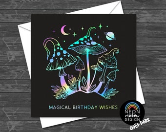 Magical Mushroom Moon Planet Birthday Card, Witch, Rainbow, Greetings Card, Moon, Mushroom, Lunar, Magic, Blessings, Black, Foliage, Stars