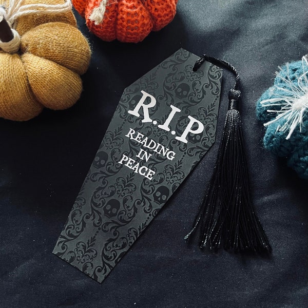 Coffin Shaped RIP Reading In Peace Bookmark, Goth, Tassel, Shaped Bookmark, Stars, Monochrome, Black & White, Gothic, Skull, Damask, Ornate