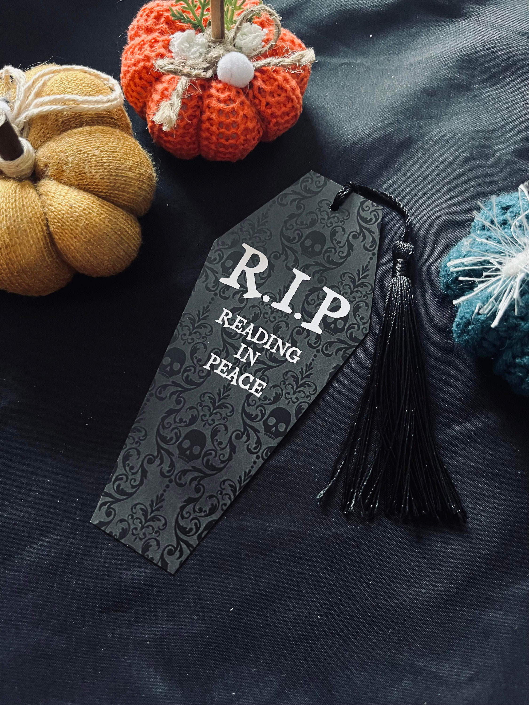 Coffin Shaped RIP Reading In Peace Bookmark, Goth, Tassel, Shaped Bookmark, Stars, Monochrome, Black & White, Gothic, Skull, Damask, Ornate