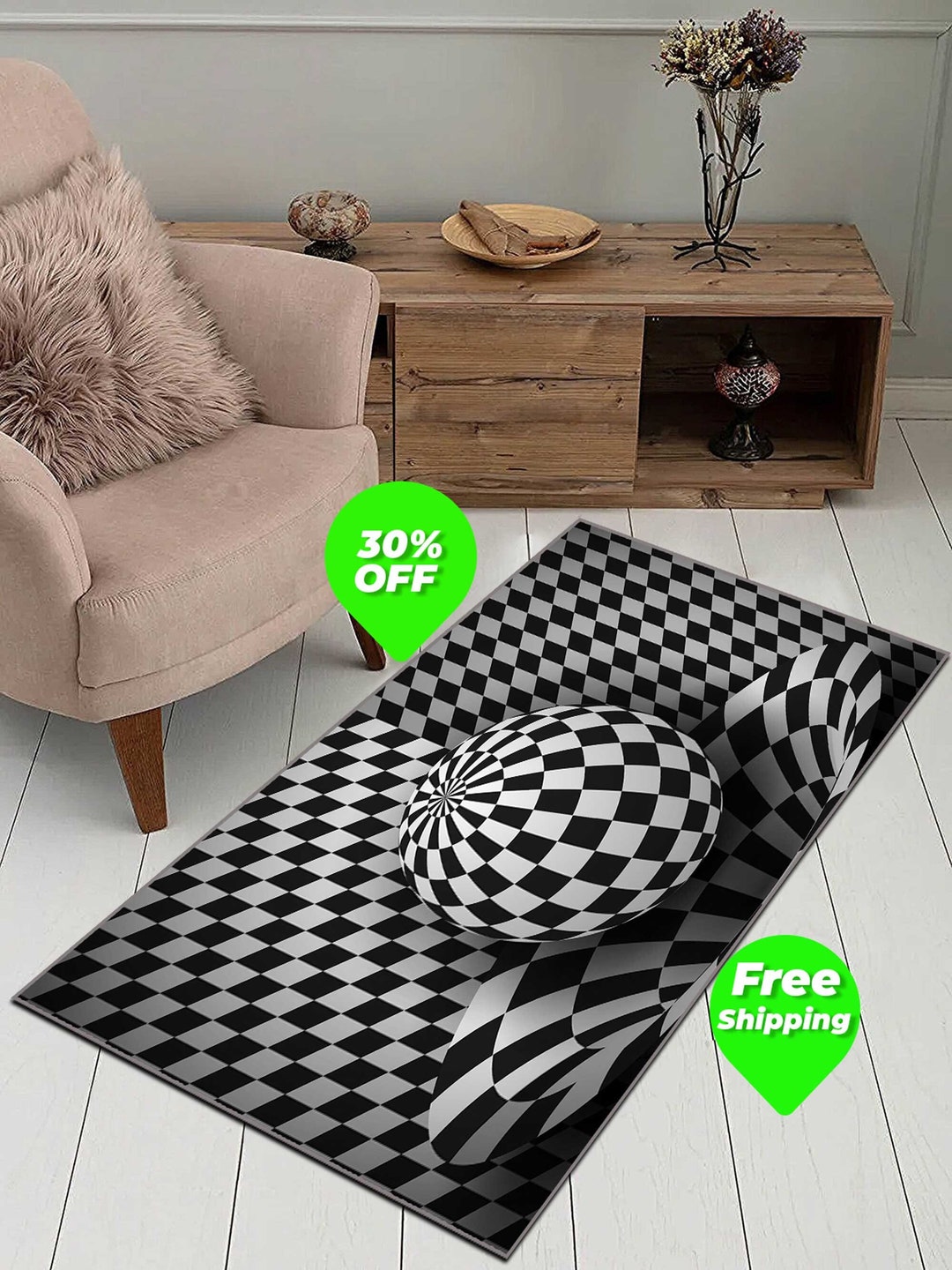 Optical Illusion Rug, Illusion Rug, Psychedelic Rug, Black White Rug