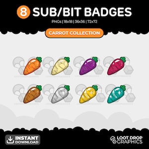 Carrot Twitch Sub Badges Pack - 8 x Colourful Veggie Sub/Bit Badges for Twitch | Subscriber, Bit and Cheer Badges