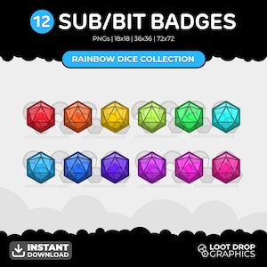 Rainbow D20 Dice Twitch Sub Badges: 12 Bright PNG Set (Digital Download)