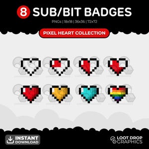 Pixel Hearts Badges Pack - 8 x Pixel Hearts Sub/Bit Badges for Twitch | Subscriber, Bit and Cheer Badges