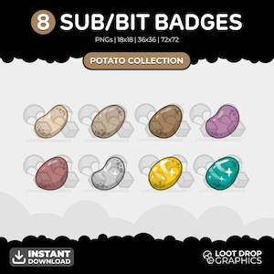 Potato Twitch Sub Badges Pack - 8 x Colourful Veggie Sub/Bit Badges for Twitch | Subscriber, Bit and Cheer Badges