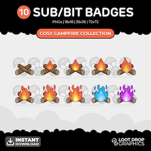 以下が含まれることがあります： オレンジ、青、紫の炎が燃え盛る焚き火の異なるバリエーションを特徴とする10個のデジタルバッジ。バッジには「SUB/BIT BADGES」と「COSY CAMPFIRE COLLECTION」のラベルが付けられています。