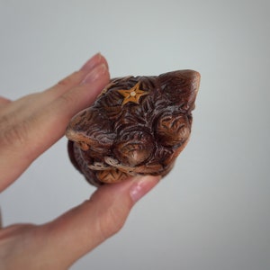May include: A small, hand-carved wooden figurine of a cat with intricate, swirling patterns etched into the dark brown wood. The top of the head features a small, light-colored star carving, and the surface displays a polished, textured finish.