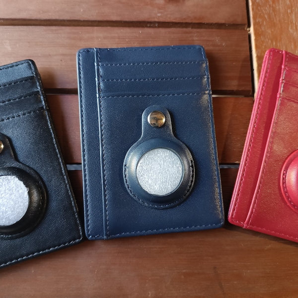 Wallet Card holder for Airtag, Genuine Real Cow Leather, Black Blue Red, case for Air tag Tracker