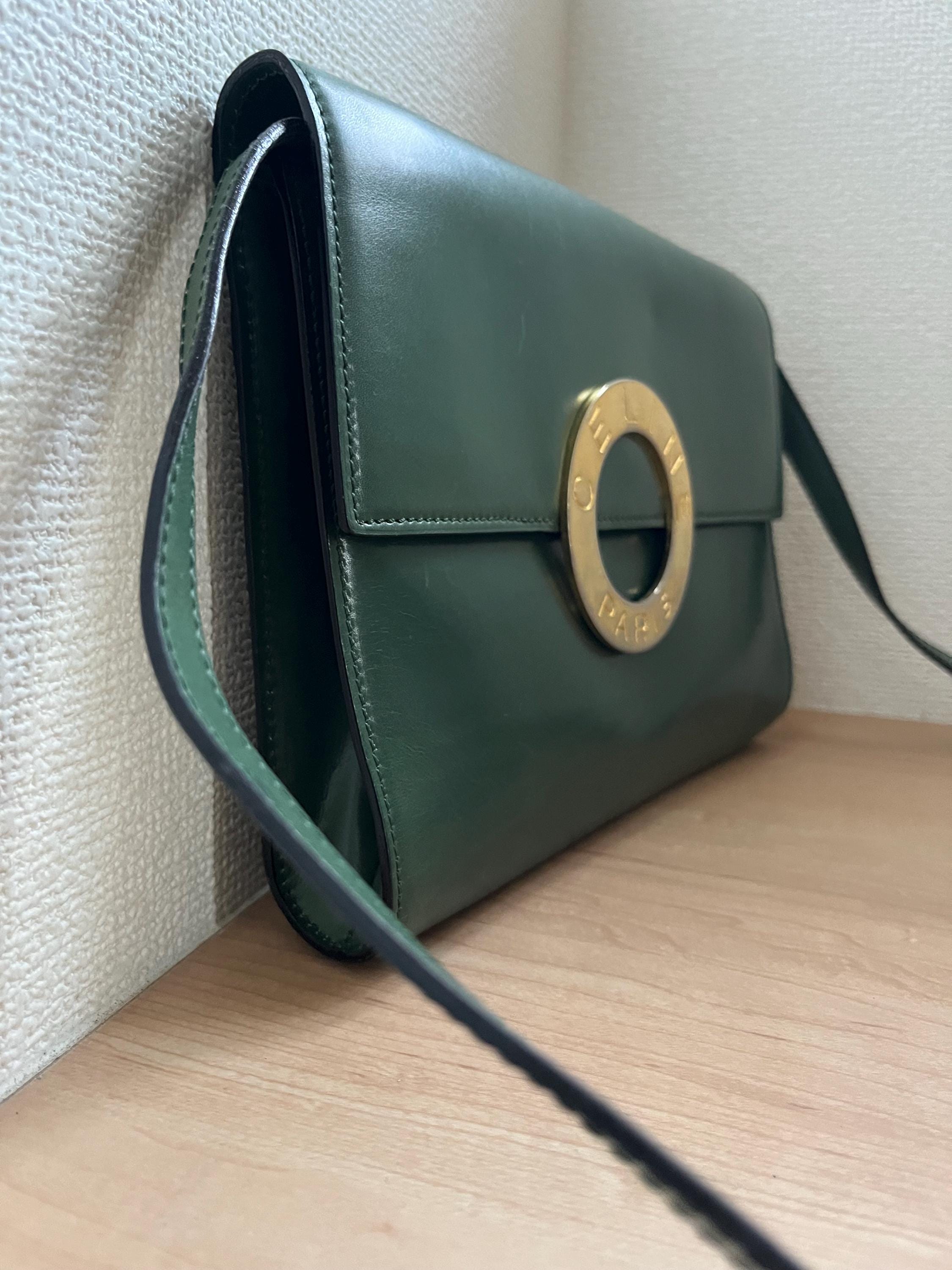 Celine Vintage Green Leather Round Logo Bag - Made in Italy