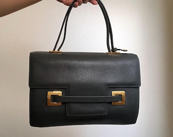 美品・ヴィンテージ【DELVAUX】MADAME 中サイズハンドバッグ Delvaux Madame Dark Grey Leather Bag, Top Handle Bag
