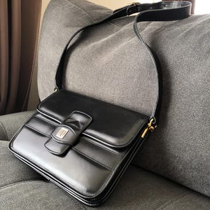 Lanvin Paris Black Leather Shoulder Bag, Vintage Bag, Rare Belt Loop Closure Bag (Authentic and Preloved)