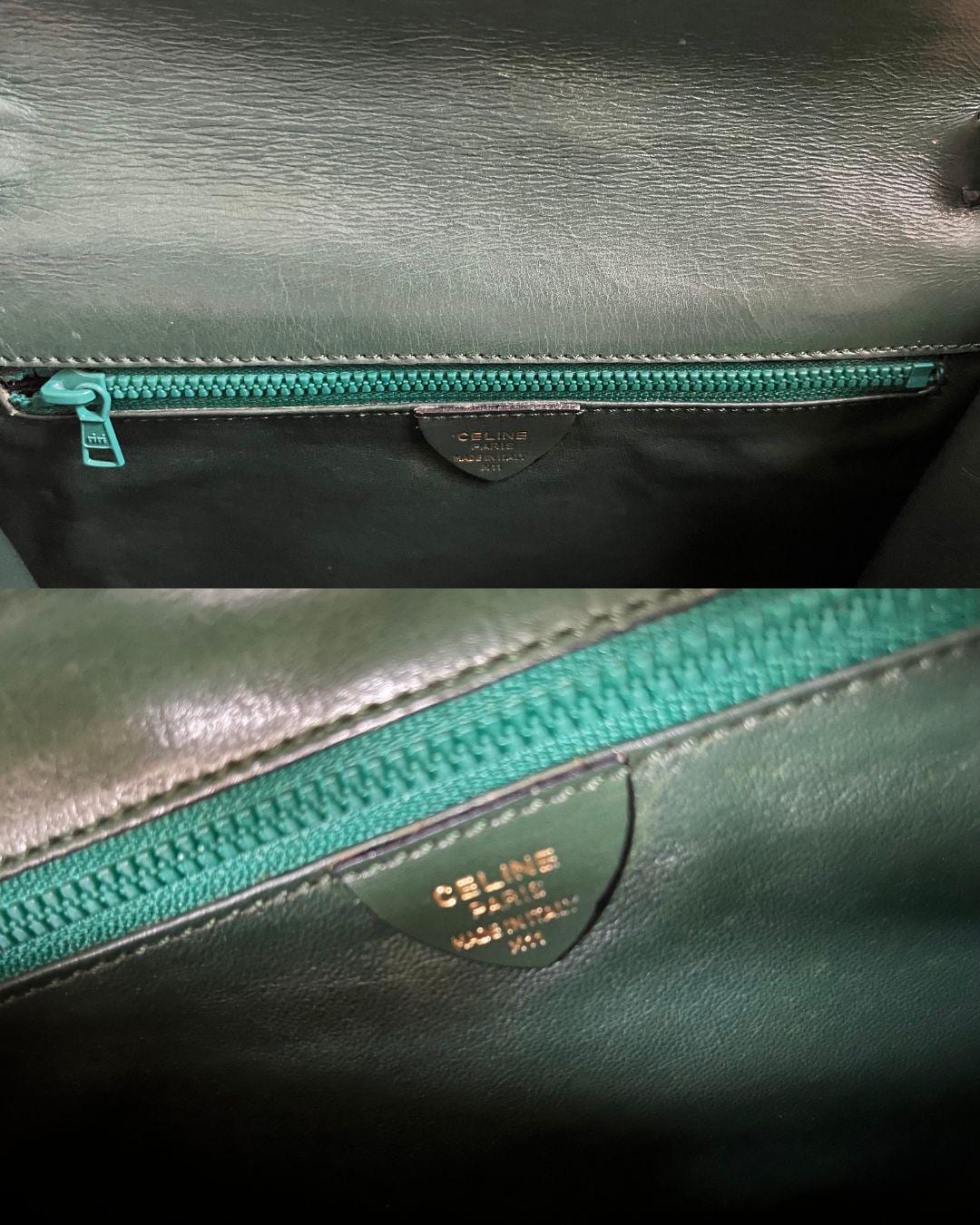 バッグ Celine Round Logo Green Shoulder Bag Celine Vintage Green Leather Round Logo Bag - Made in Italy