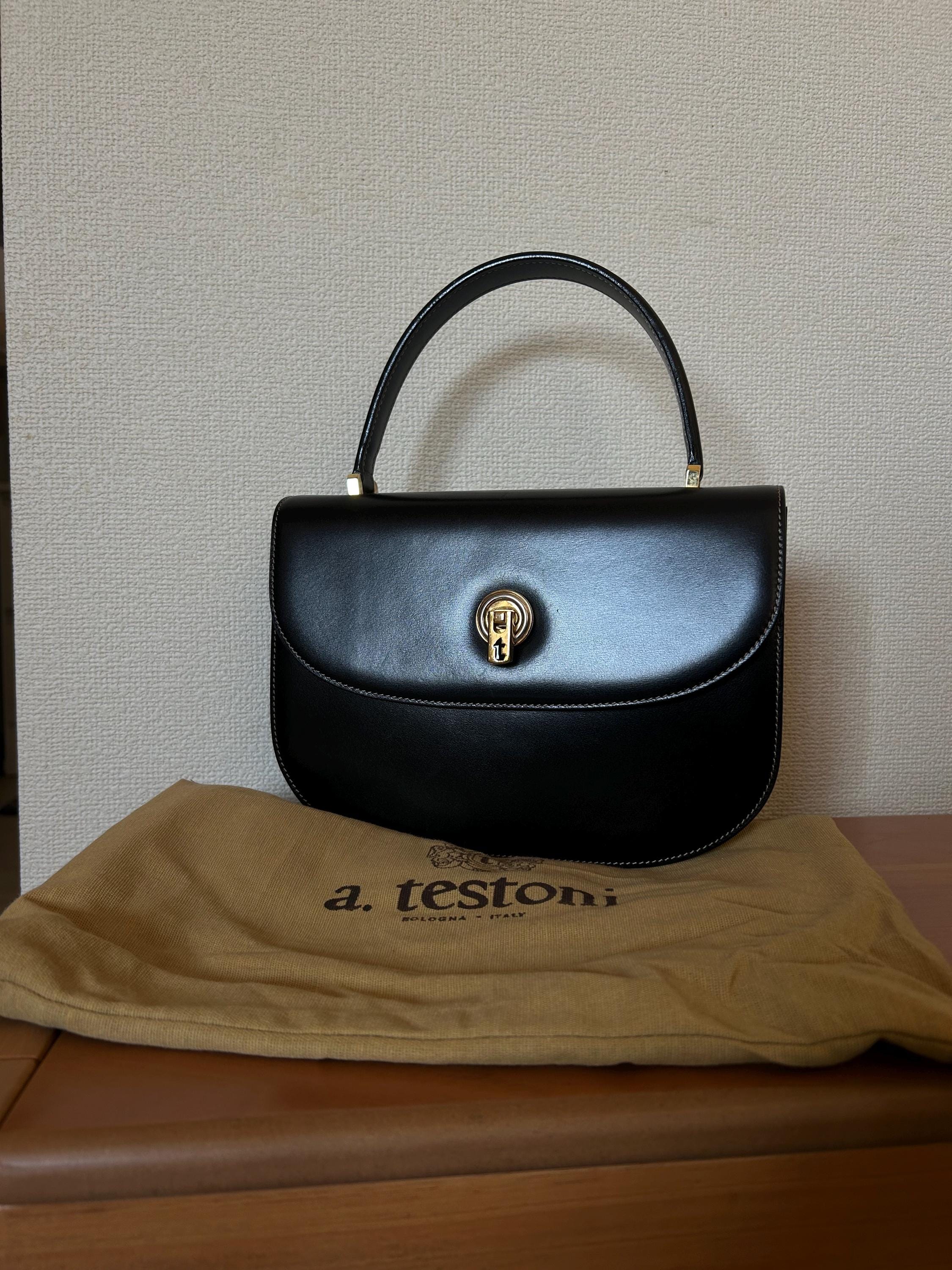 A. Testoni Vintage Black Leather Top Handle Bag - Made in Italy - Etsy