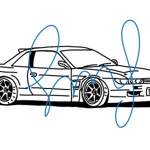 Puede incluir: Un dibujo en blanco y negro de un coche deportivo. El coche tiene un frontal redondeado y una carrocería larga y estilizada. El coche está dibujado en un estilo simple y de dibujos animados.