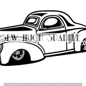 Puede incluir: Ilustración en blanco y negro de línea de un coche antiguo con un estilo de carrocería redondeado. El coche tiene una sola puerta en el lado del conductor y un parabrisas grande y redondeado.