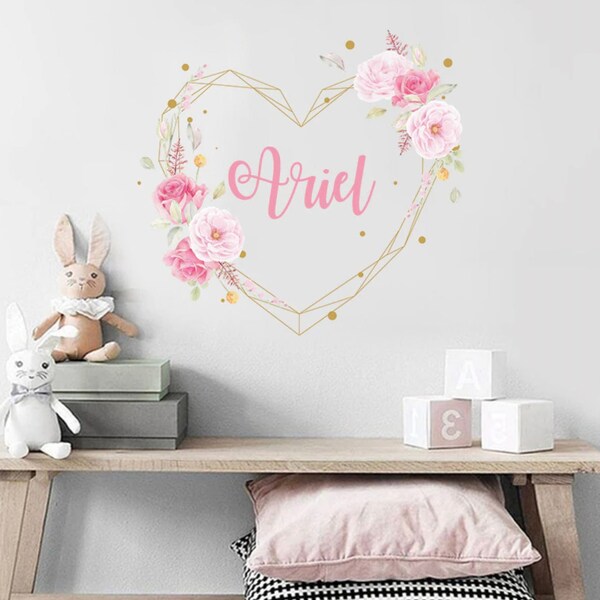 Custom Name Wall Decal, Floral Peony flower decal, Peel and stick wallpaper, Girl wall decal, Nursery Wall Art, Kids room décor, Wall name