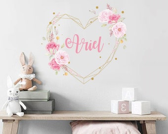 Nombre personalizado Calcomanía de pared, Calcomanía floral de flores de peonía, Pelar y pegar papel tapiz, Calcomanía de pared de niña, Arte de pared de guardería, Decoración de la habitación de los niños, Nombre de la pared