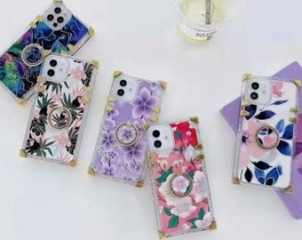 Floral Phone Case, Flower Phone Case with Ring Grip holder, Square iPhone Case for iPhone 14 13 12 11 Pro Max XR XS Max X XS 7 8 Plus Case