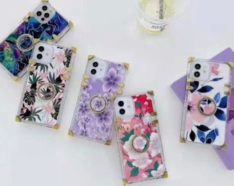 Bloemen telefoonhoesje, bloementelefoonhoesje met ringgreephouder, vierkante iPhone-hoesje voor iPhone 14 13 12 11 Pro Max XR XS Max X XS 7 8 Plus Case