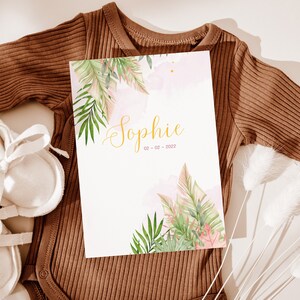 Modelo de anúncio de nascimento digital, cartão de anúncio de bebê Boho, novo cartão floral para bebê imprimível, cartão de estatísticas de nascimento moderno modelo Canva