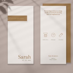 Modelo de anúncio de nascimento digital, clipe de papel para cartão de anúncio de bebê, novo cartão com foto de bebê para impressão, modelo moderno de canva para cartão de estatísticas de nascimento