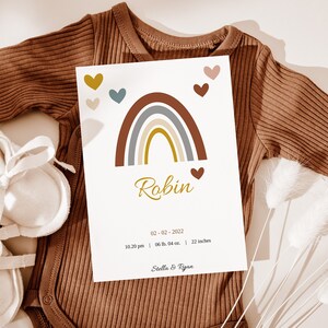 Modelo de anúncio de nascimento digital, cartão com foto de anúncio de bebê, novo cartão com foto de bebê para impressão, cartão de estatísticas de nascimento moderno, modelo de arco-íris