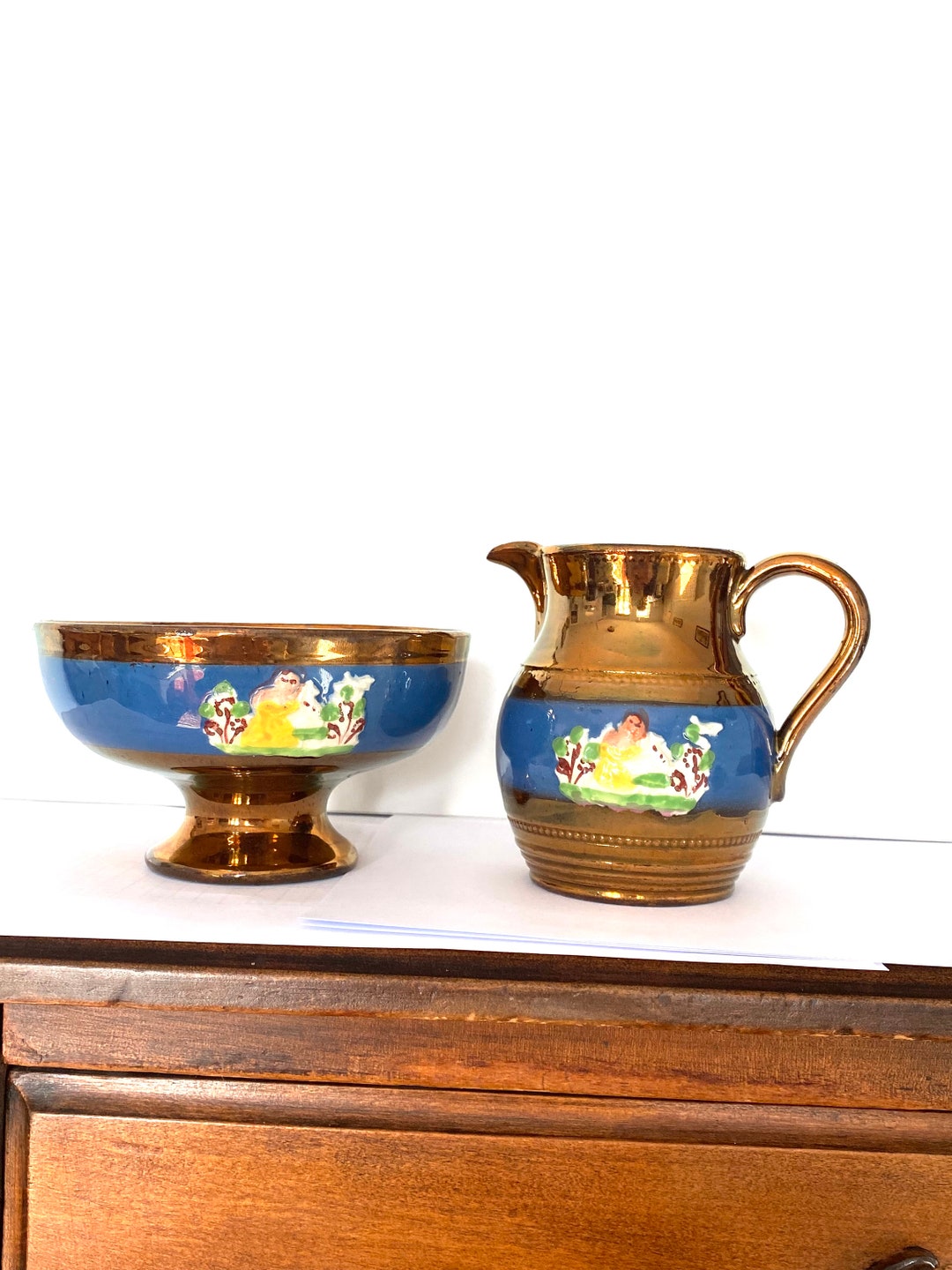 Victorian Copper Luster Jug and Pedestal Bowl Etsy