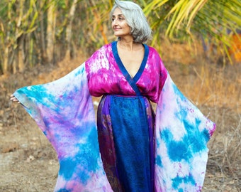 Multicolor Purple Fuchsia Blue Silk Kimono with Long Wing-Like Sleeves - Spectral Serenity/Kimono Wrap Silk Dress/Pure Silk Kimono Dress