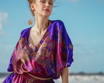 Elegant Purple Silk - Floral Crop Top/Purple Pure Satin Silk/Vacation Silk/Silk Purple Pure Satin Silk Top/Comfy Silk Top/Natural Pure Silk