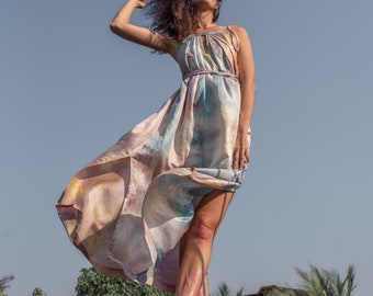 Pastel Dreams/Tie-Dye Multicolor Twill Silk Long Dress "Afrodite" with Pleats and Waist Ties/Pregnancy Dress/Fairy Silk Dress/Silk Dress