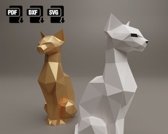 Gato artesanal de papel DIY, modelo de gato sentado, gato polivinílico bajo, personaje de gato, Origami, plantilla de escultura de Papercraft Dxf Svg para silueta o Cricut