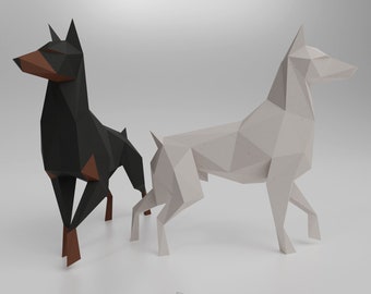 ドーベルマンのペーパークラフト彫刻：DIYローポリ犬アート（PDFテンプレート）