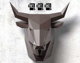 Low Poly Bull Trophy: 3D Papercraft Wall Decor (Digital Patterns)
