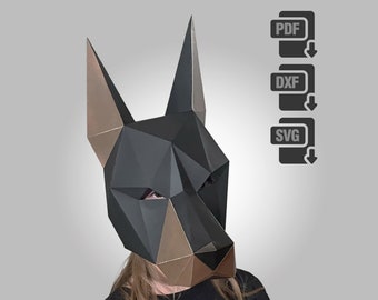 Paper Craft Doberman Dog Mask Printable Template Pdf, Svg, Dxf, Instant Download, Low Poly Dog Mask, DYI Mask, 3D Animal Mask, Origami Mask