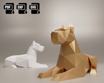 Papercraft Sentado Pitbull Perro Escultura DiY Origami, Plantilla Digital, Descarga PDF DXF SVG, Decoración Low Poly, Silhouette Cameo/Cricut