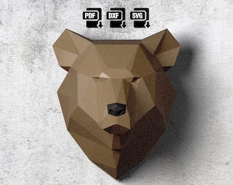 Low Poly Grizzly Bär Trophäe Wanddekoration, sofortiger Download digitale Muster Pdf, svg, dxf, Wandtrophäe Papercraft, DIY Wanddekoration