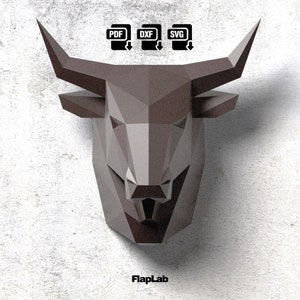 Decorazione da parete trofeo toro low poly, download istantaneo modelli digitali Pdf, Svg, Dxf, trofeo da parete 3D Papercraft, decorazione murale fai da te