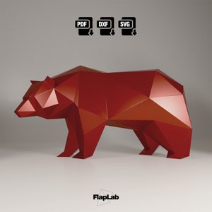 Orso artigianale di carta fai da te, modello Grizzly, orso low poly, personaggio orso, origami, modello di scultura papercraft Dxf Svg per Silhouette o Cricut